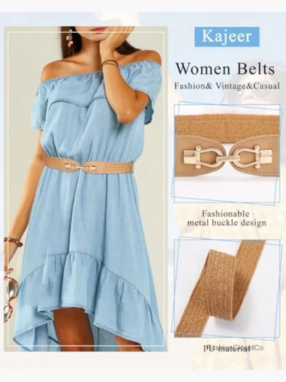 Straw Belt Elastic Waist Boho Braided Metal Buckle Stretch Belt for Dress